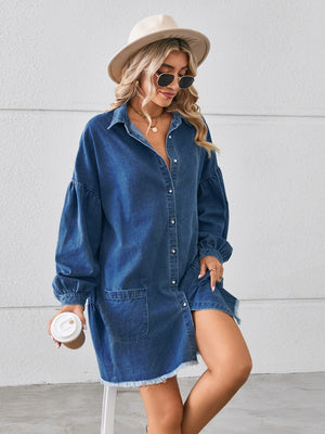 Button Up Pocketed Raw Hem Denim Dress-Teresa's Fashionista LLC