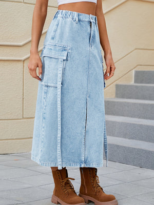 Slit Pocketed High Waist Denim Skirt-Teresa's Fashionista LLC