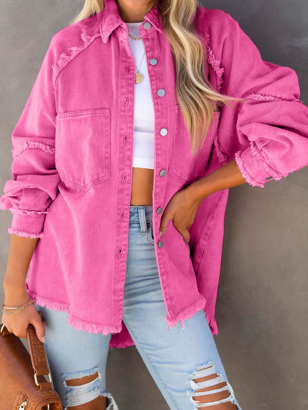 Button Down Raw Hem Denim Jacket-Teresa's Fashionista LLC