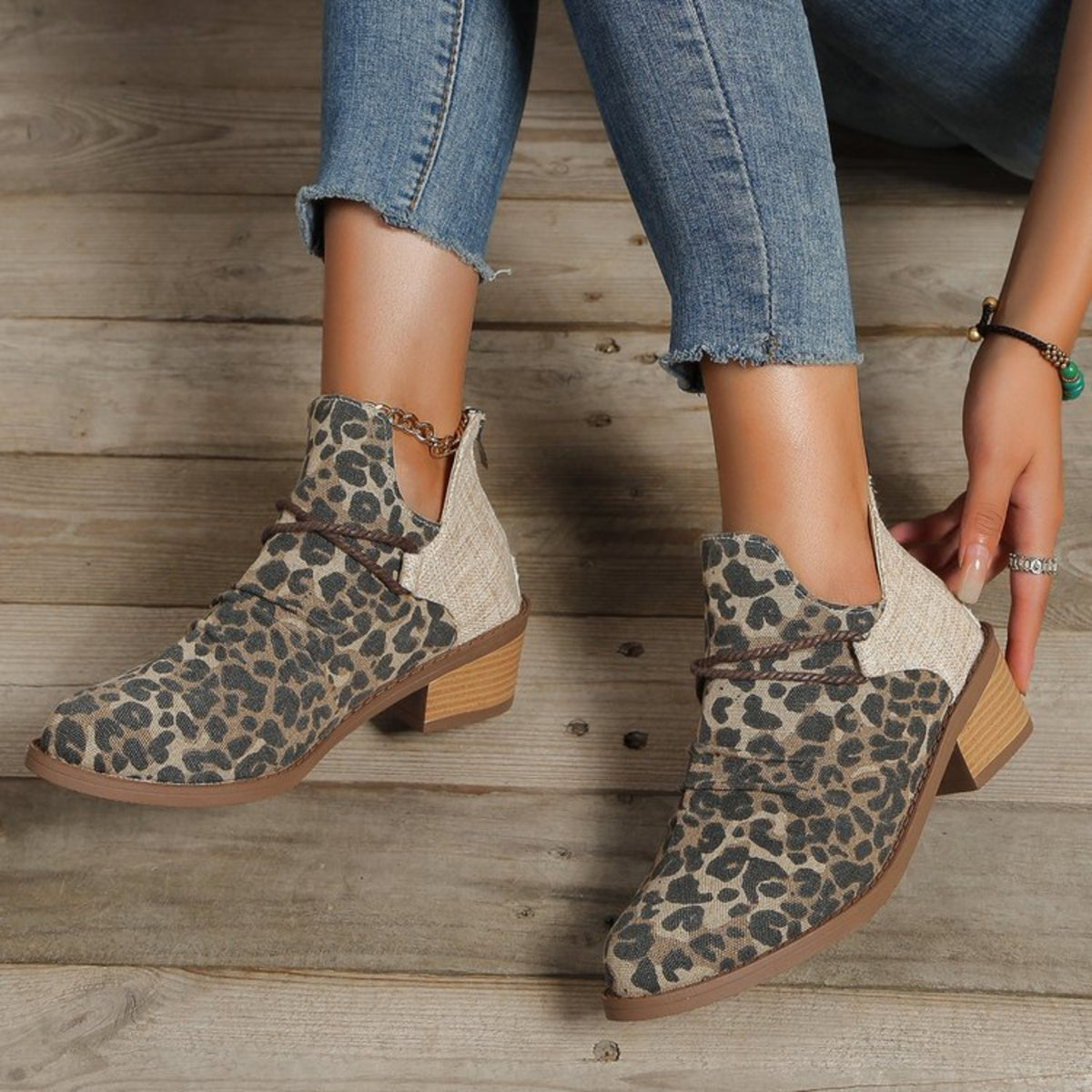 Contrast Canvas Low Heel Boots-Teresa&#39;s Fashionista LLC