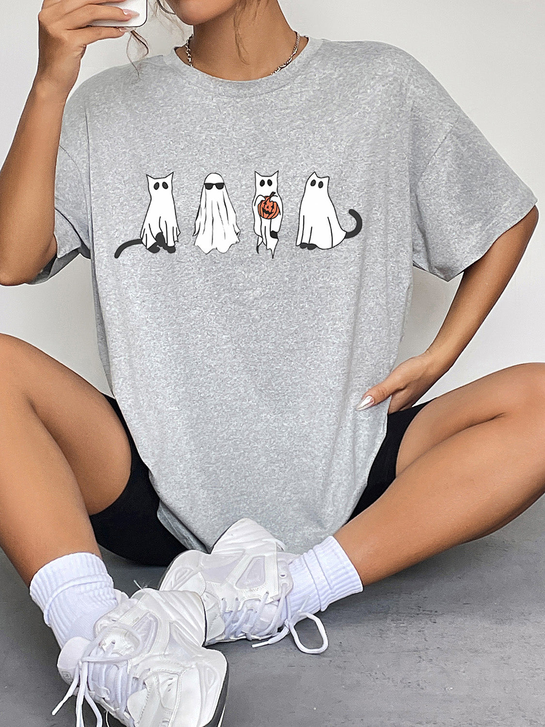 Round Neck Short Sleeve Ghost Graphic T-Shirt - Teresa's Fashionista LLC