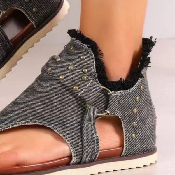 Studded Raw Hem Flat Sandals-Teresa's Fashionista LLC