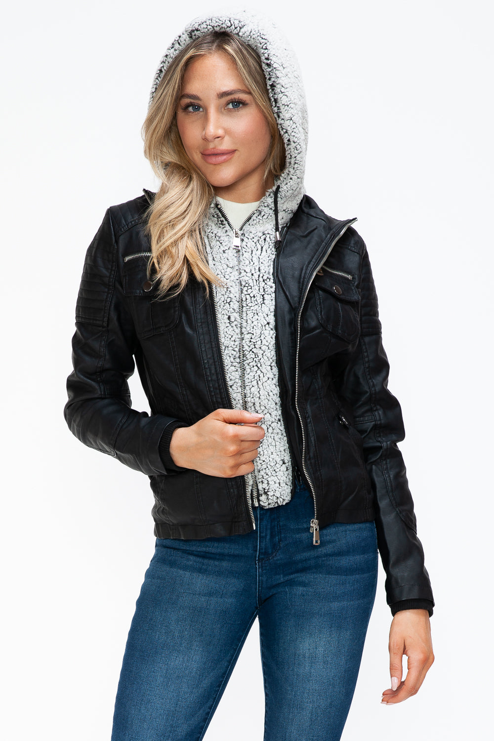 YMI Removable Faux Layered Multi-Pocket Jacket with Fuzzy Hood - Teresa's Fashionista LLC