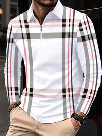 Men's Full Size Plaid Zip Collar Long Sleeve Polo Plus Size
