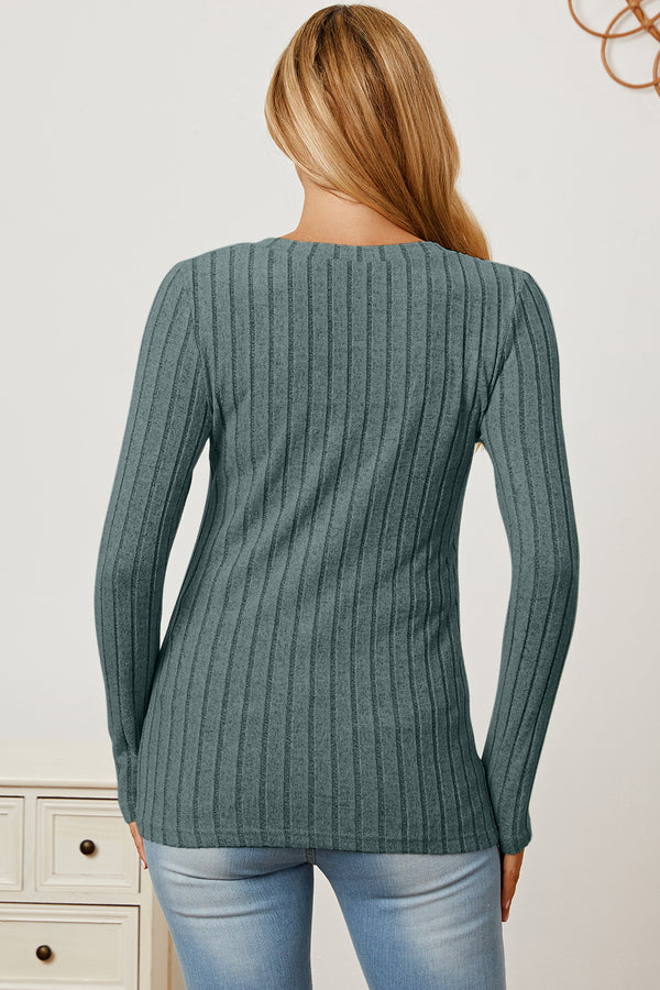 Basic Bae Full Size Ribbed V-Neck Long Sleeve T-Shirt-Teresa's Fashionista LLC