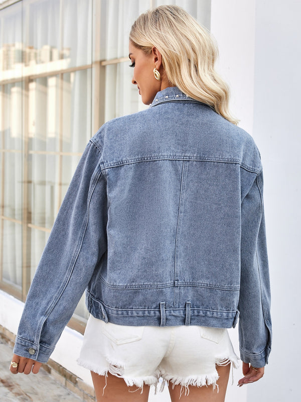 Studded Long Sleeve Denim Jacket-Teresa's Fashionista LLC