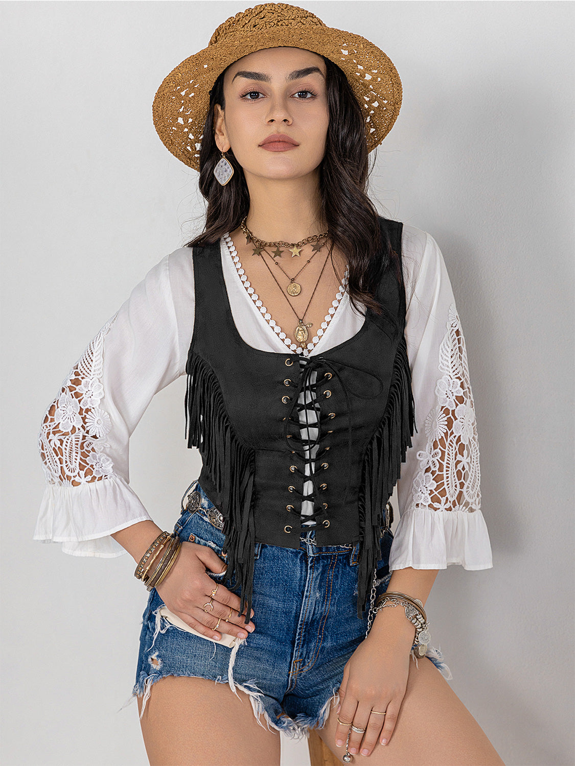 Fringe Lace-Up Vest-Teresa&#39;s Fashionista LLC