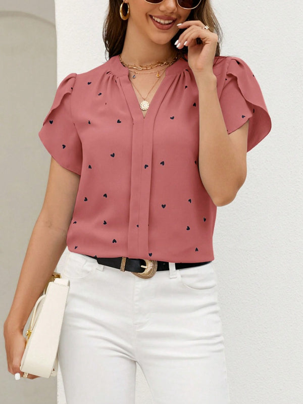 Heart Print Notched Petal Sleeve Blouse-Teresa's Fashionista LLC