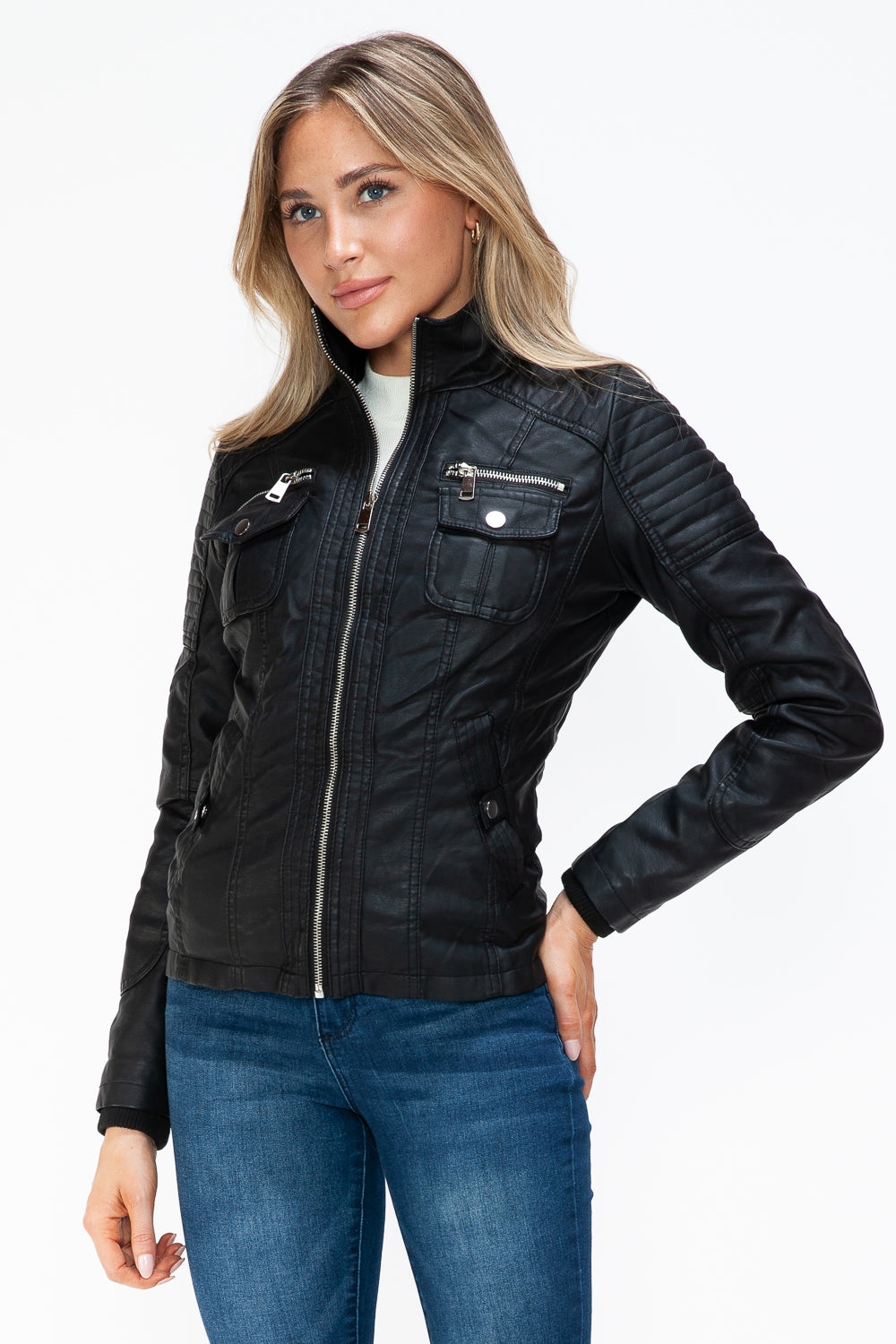 YMI Removable Faux Layered Multi-Pocket Jacket with Fuzzy Hood - Teresa's Fashionista LLC