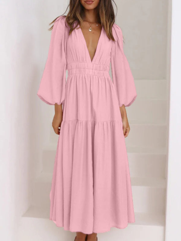 Deep V-Neck Balloon Sleeve Plain Maxi Dress-Teresa's Fashionista LLC