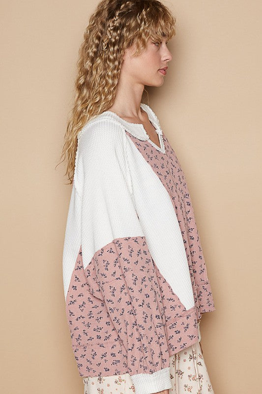 POL Waffle Knit Floral Notched Long Sleeve Top - Teresa's Fashionista LLC