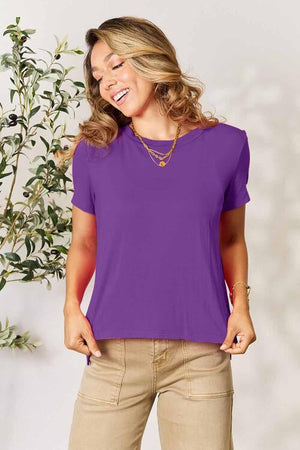 Basic Bae Full Size round neck short sleeve T-shirt in purple, featuring a basic style with a slit, slightly stretchy and made from rayon and spandex.