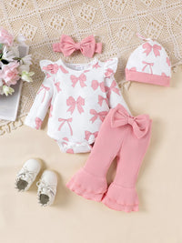 Children's Bow Print Bodysuit and Pants Set with Headband