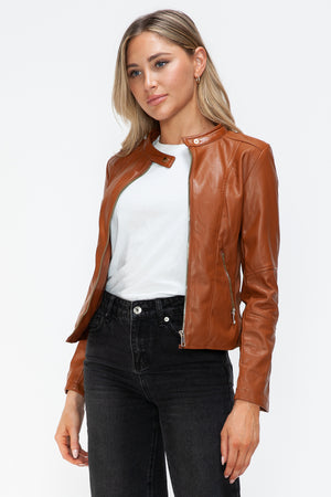 Snobbish Faux Leather Zip Up Drawstring Hooded Jacket - Teresa's Fashionista LLC