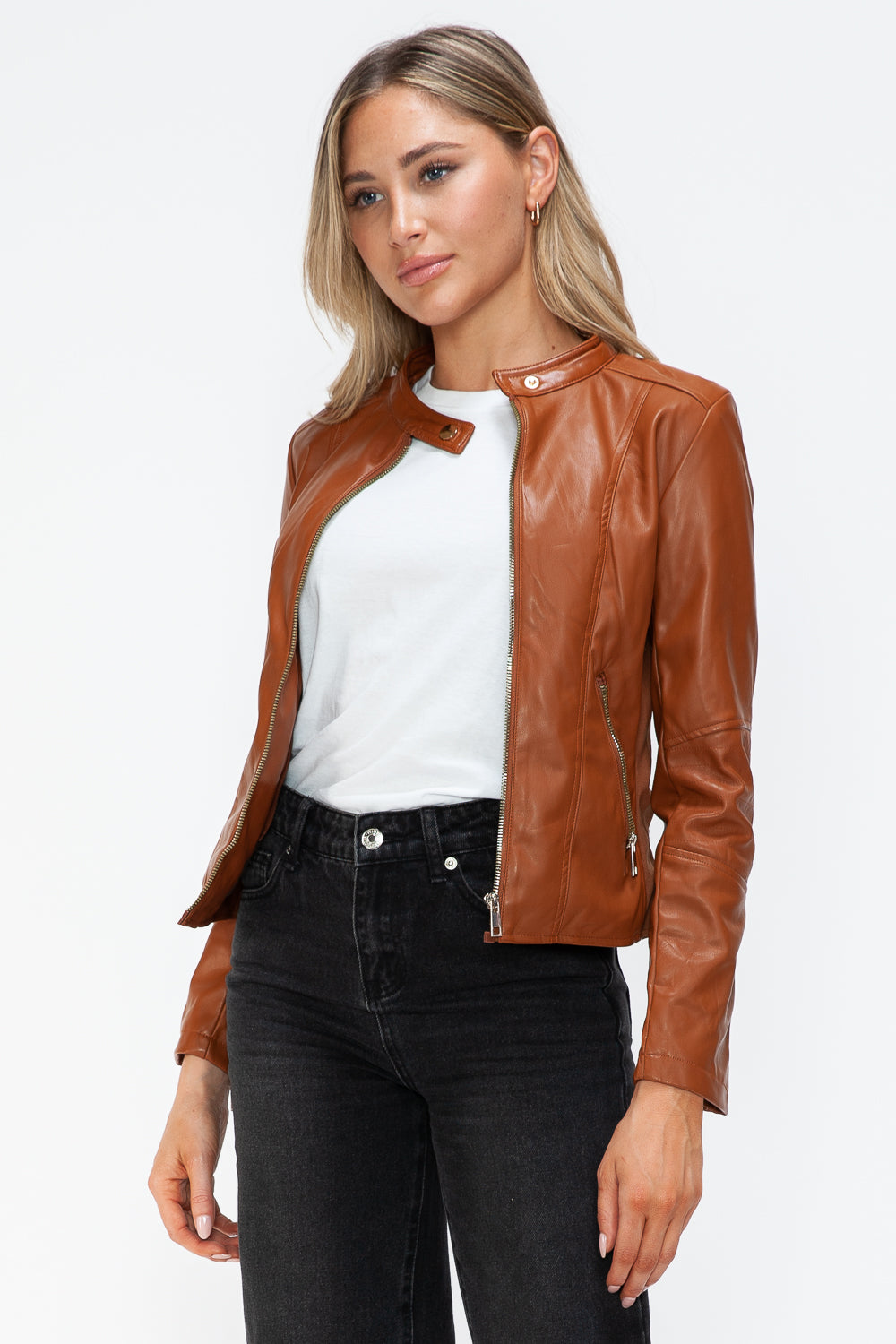Snobbish Faux Leather Zip Up Drawstring Hooded Jacket - Teresa's Fashionista LLC