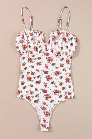 Floral frilled trim spaghetti strap bodysuit with colorful print.