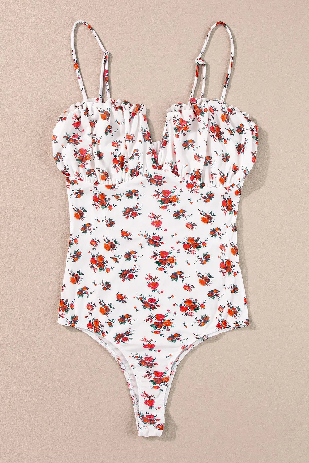 Floral frilled trim spaghetti strap bodysuit with colorful print.