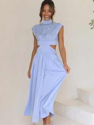 Cutout Mock Neck Sleeveless Ruched Dress-Teresa's Fashionista LLC