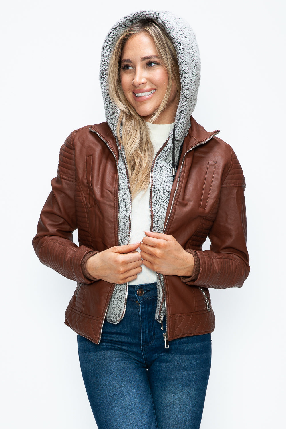 YMI Faux Layered Double-Zipper Jacket with Fuzzy Hood - Teresa's Fashionista LLC