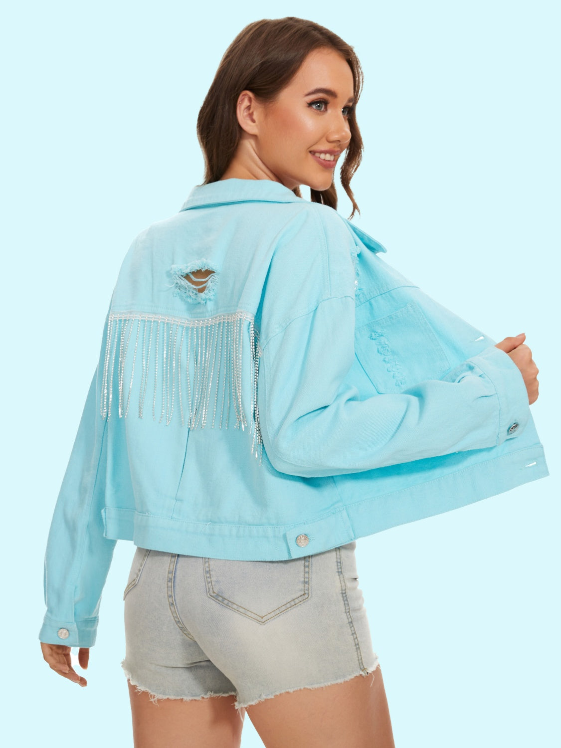 Distressed Distressed Button Up Denim Jacket-Teresa&#39;s Fashionista LLC