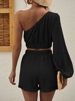 One Shoulder Long Sleeve Top and Shorts Set-Teresa's Fashionista LLC