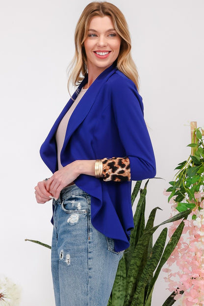 Celeste Full Size Rolled Leopard Cuff Open Front Blazer - Teresa's Fashionista LLC