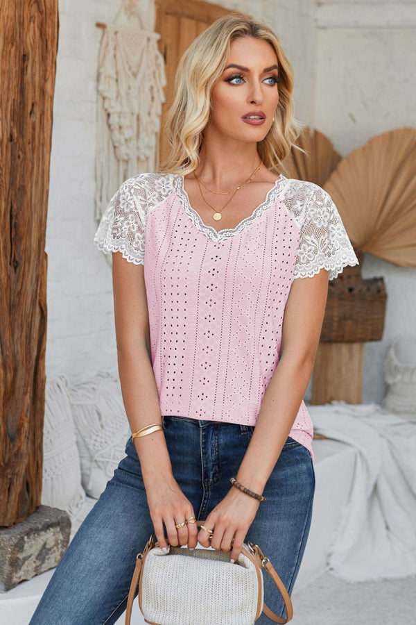 Eyelet V-Neck Lace Short Sleeve T-Shirt-Teresa's Fashionista LLC