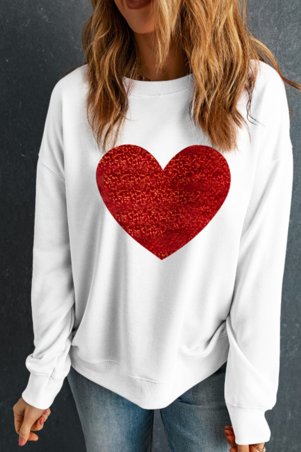 Valentine’s Day Heart Round Neck Long Sleeve Sweatshirt - Teresa's Fashionista LLC