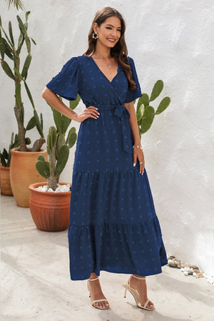 Swiss Dot Tied Surplice Short Sleeve Dress-Teresa's Fashionista LLC