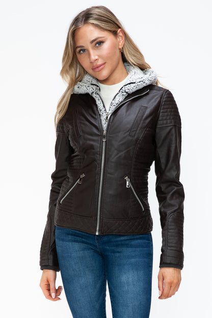 YMI Faux Layered Double-Zipper Jacket with Fuzzy Hood - Teresa's Fashionista LLC