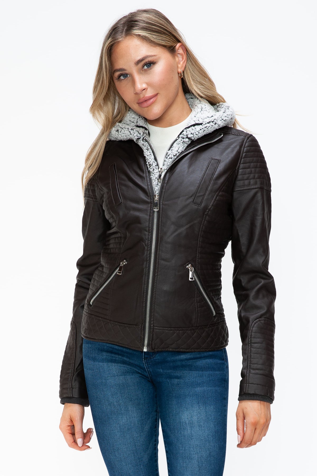 YMI Faux Layered Double-Zipper Jacket with Fuzzy Hood - Teresa's Fashionista LLC