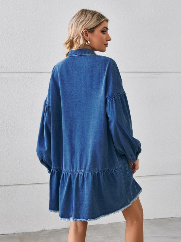 Button Up Pocketed Raw Hem Denim Dress-Teresa's Fashionista LLC