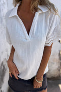 Lace Detail Collared Neck Short Sleeve Blouse-Teresa's Fashionista LLC