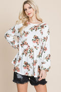 Super Lady Full Size Babydoll Floral Boat Neck Long Sleeve Blouse - Teresa's Fashionista LLC