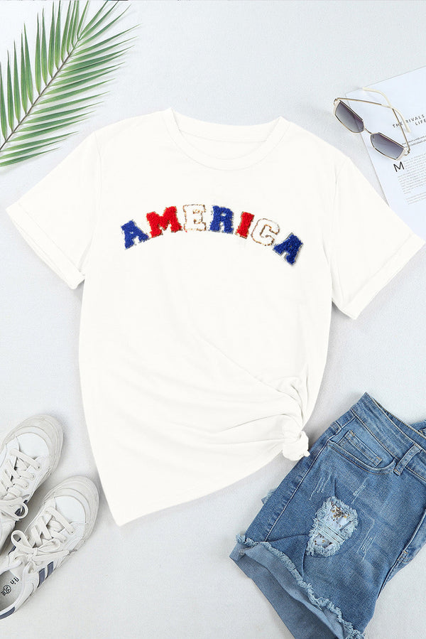 AMERICA Round Neck Short Sleeve T-Shirt, basic style, white with red and blue lettering design.