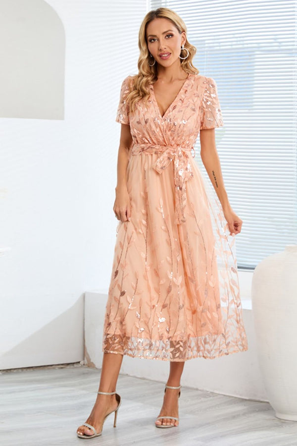 Sequin Leaf Embroidery Tie Front Short Sleeve Dress-Teresa's Fashionista LLC