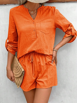 Notched Long Sleeve Top and Shorts Set-Teresa's Fashionista LLC