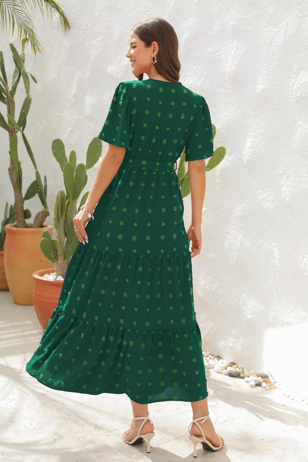 Swiss Dot Tied Surplice Short Sleeve Dress-Teresa's Fashionista LLC