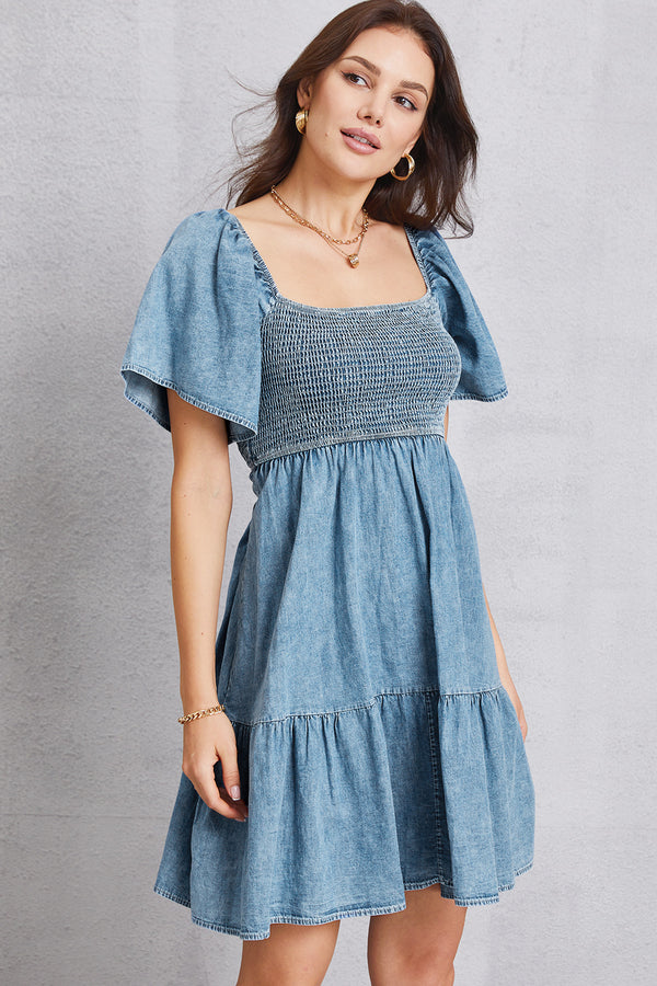Smocked Square Neck Mini Denim Dress-Teresa's Fashionista LLC