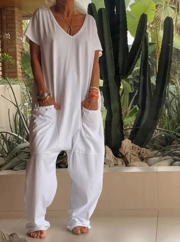 European And American Solid Color And V-neck Oversized Pocket Low-grade Jumpsuit - Teresa's Fashionista LLC