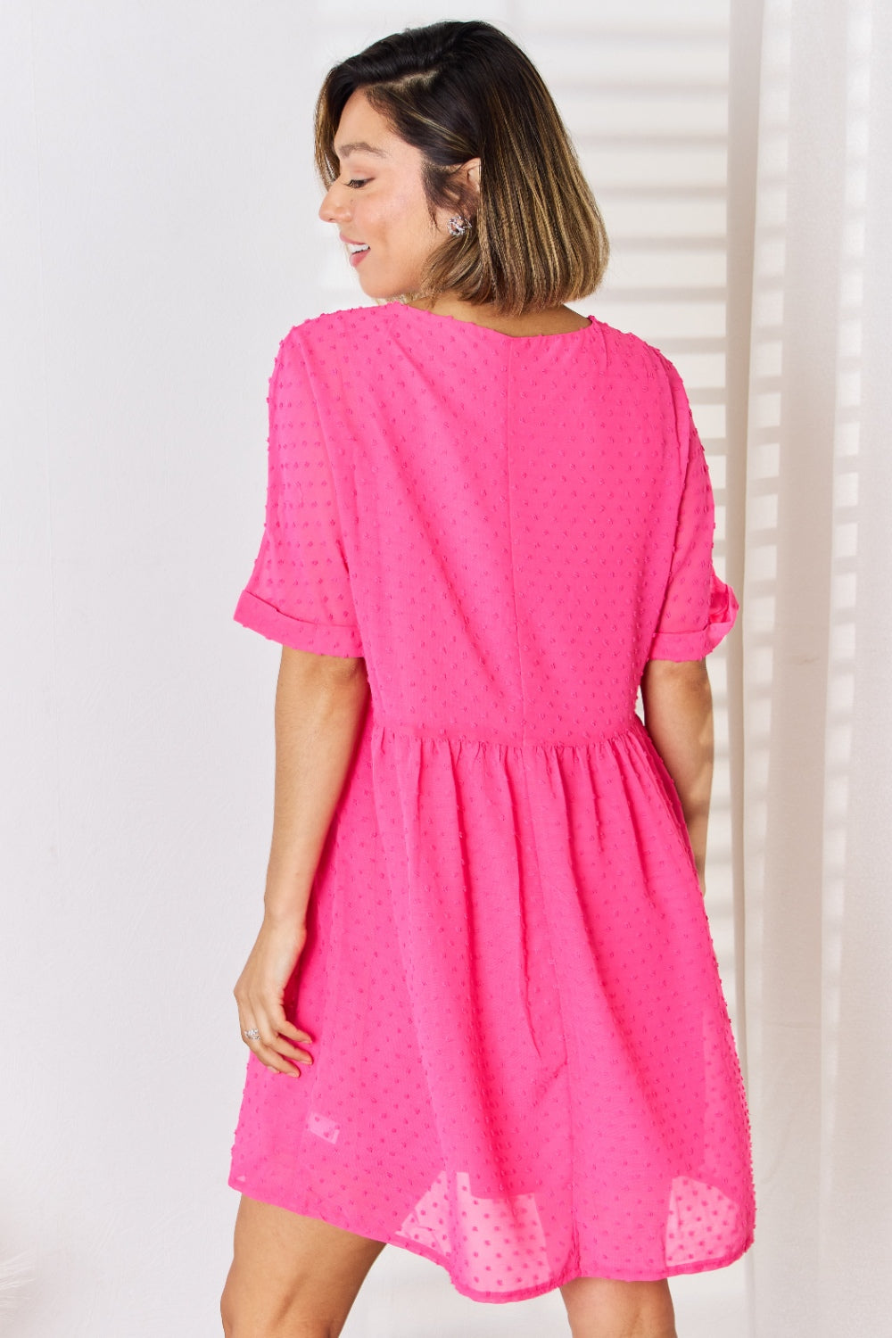 Zenana Swiss Dot Rolled Short Sleeve Babydoll Dress-Teresa's Fashionista LLC