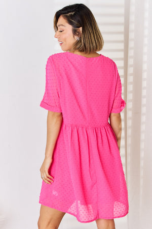 Zenana Swiss Dot Rolled Short Sleeve Babydoll Dress-Teresa's Fashionista LLC