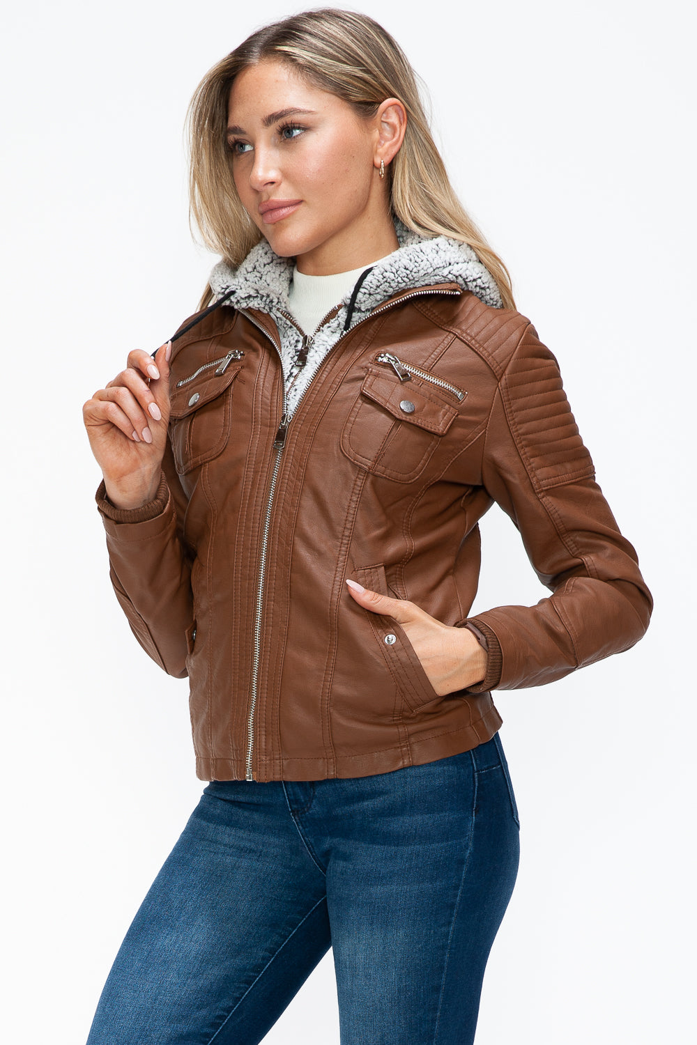 YMI Removable Faux Layered Multi-Pocket Jacket with Fuzzy Hood - Teresa's Fashionista LLC