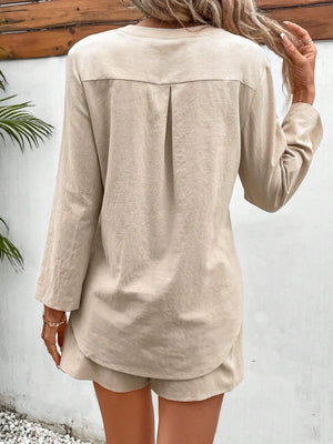 Notched Long Sleeve Top and Shorts Set-Teresa's Fashionista LLC