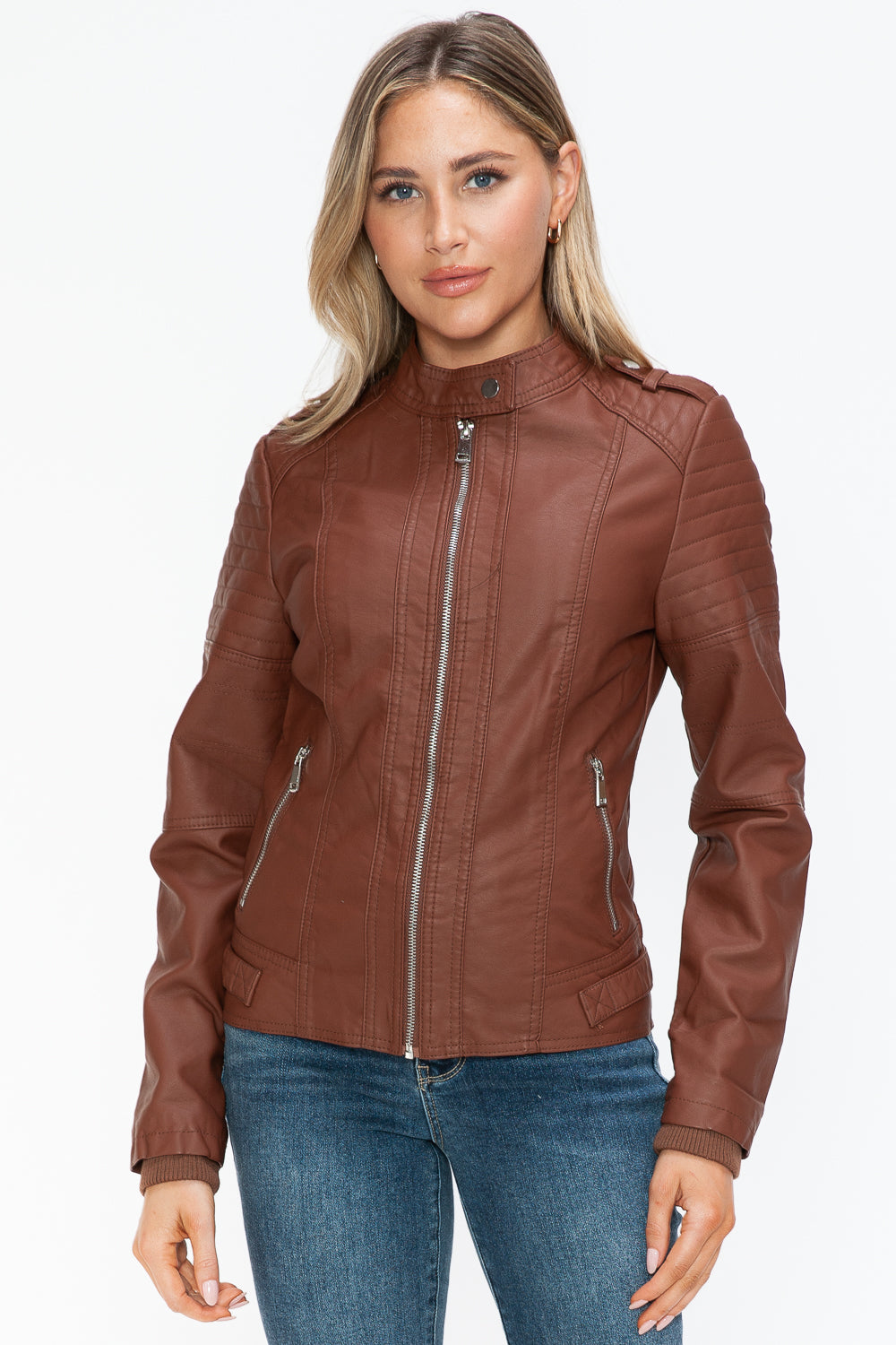 Snobbish PU Leather Biker Jacket with Side Zip Pockets - Teresa's Fashionista LLC