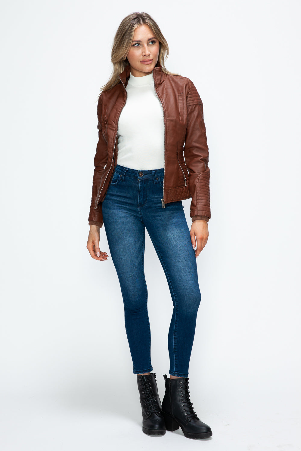 YMI Faux Layered Double-Zipper Jacket with Fuzzy Hood - Teresa's Fashionista LLC