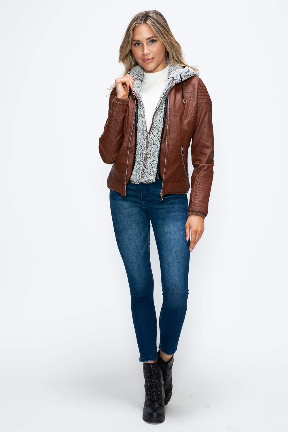 YMI Faux Layered Double-Zipper Jacket with Fuzzy Hood - Teresa's Fashionista LLC