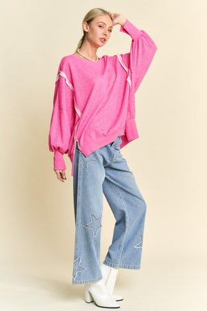Davi & Dani Side Slit High-Low Lantern Sleeve Knit Top - Teresa's Fashionista LLC