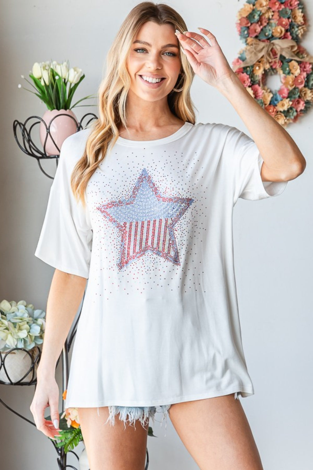 Heimish Full Size Star Patch Short Sleeve T-Shirt-Teresa&#39;s Fashionista LLC