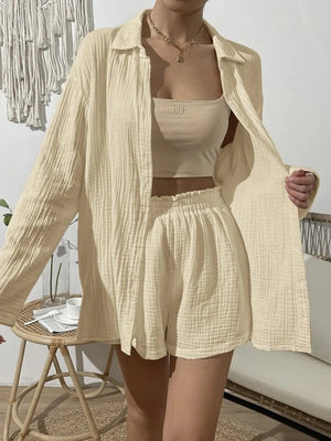 Dropped Shoulder Button Up Top and Elastic Waist Shorts Set-Teresa's Fashionista LLC